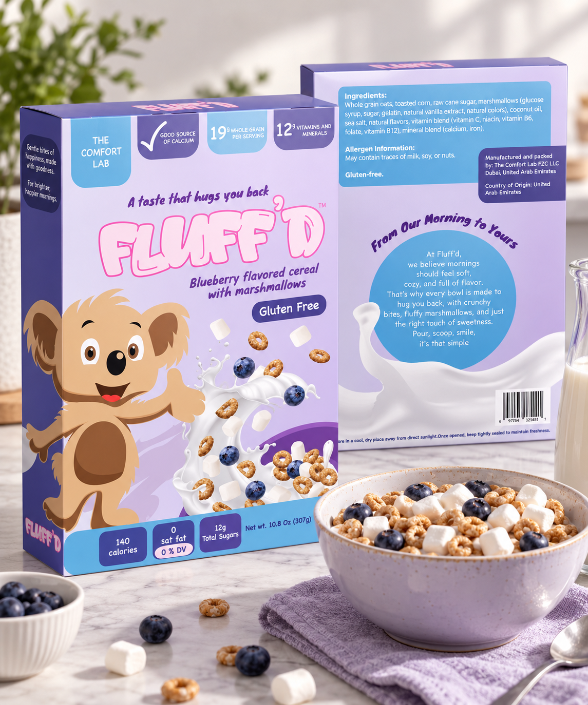 FLUFF'D final mockup — blueberry cereal packaging