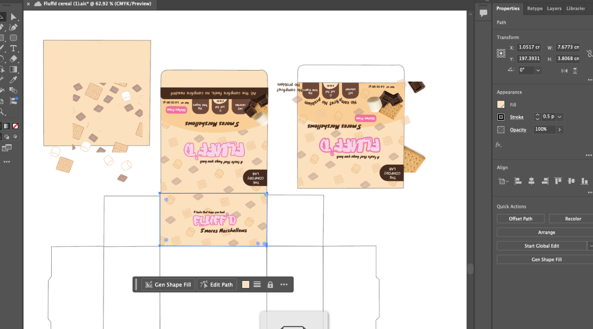 FLUFF'D process — s'mores marshmallow box draft