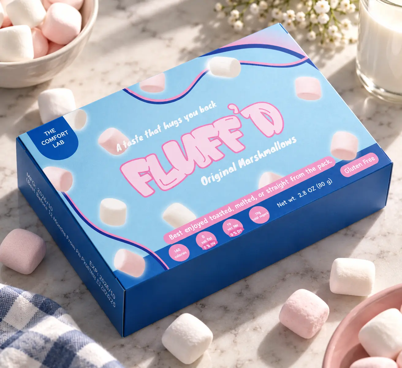 FLUFF'D final mockup — original marshmallow box