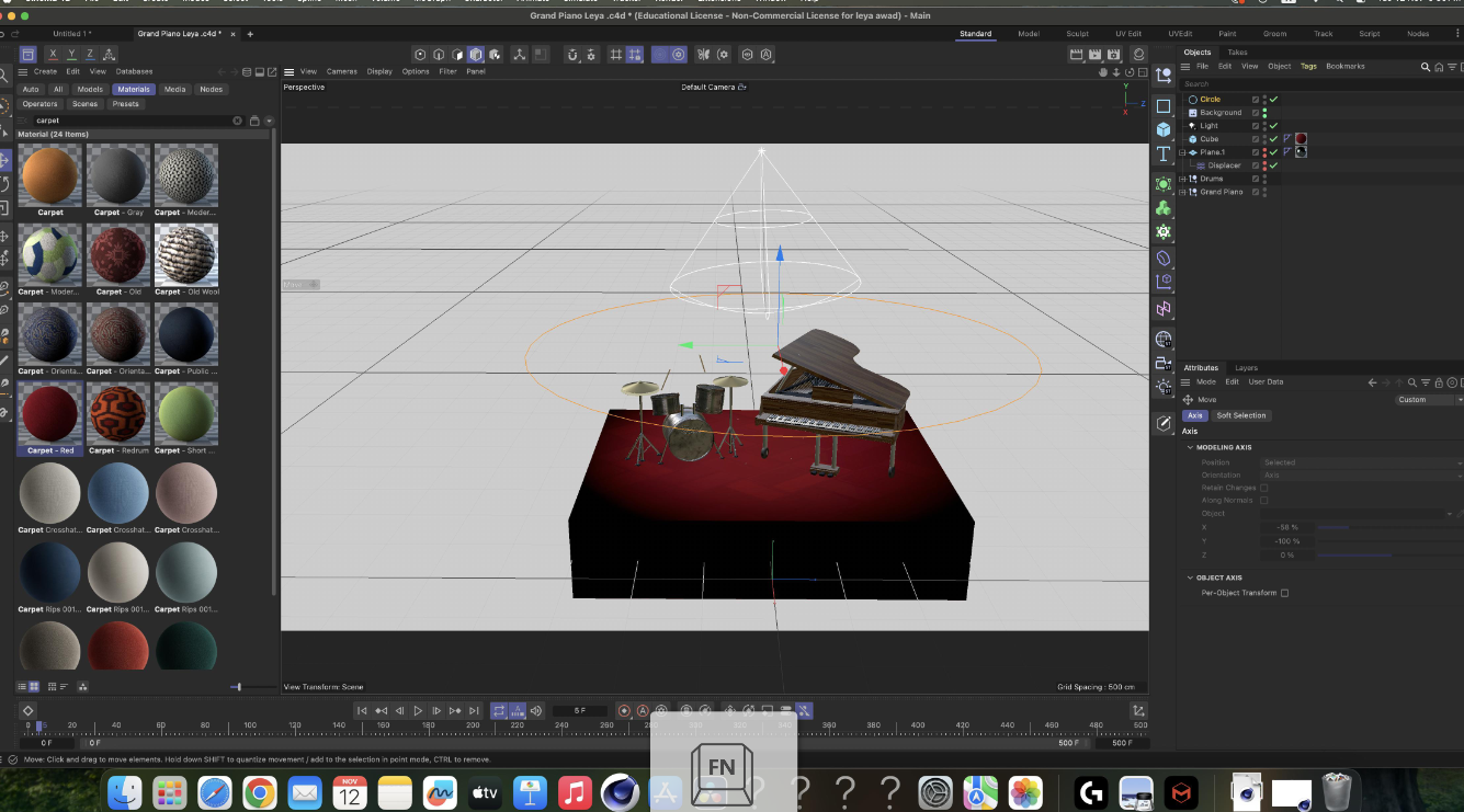 Musical Instrument process — carpet materials and stage blockout