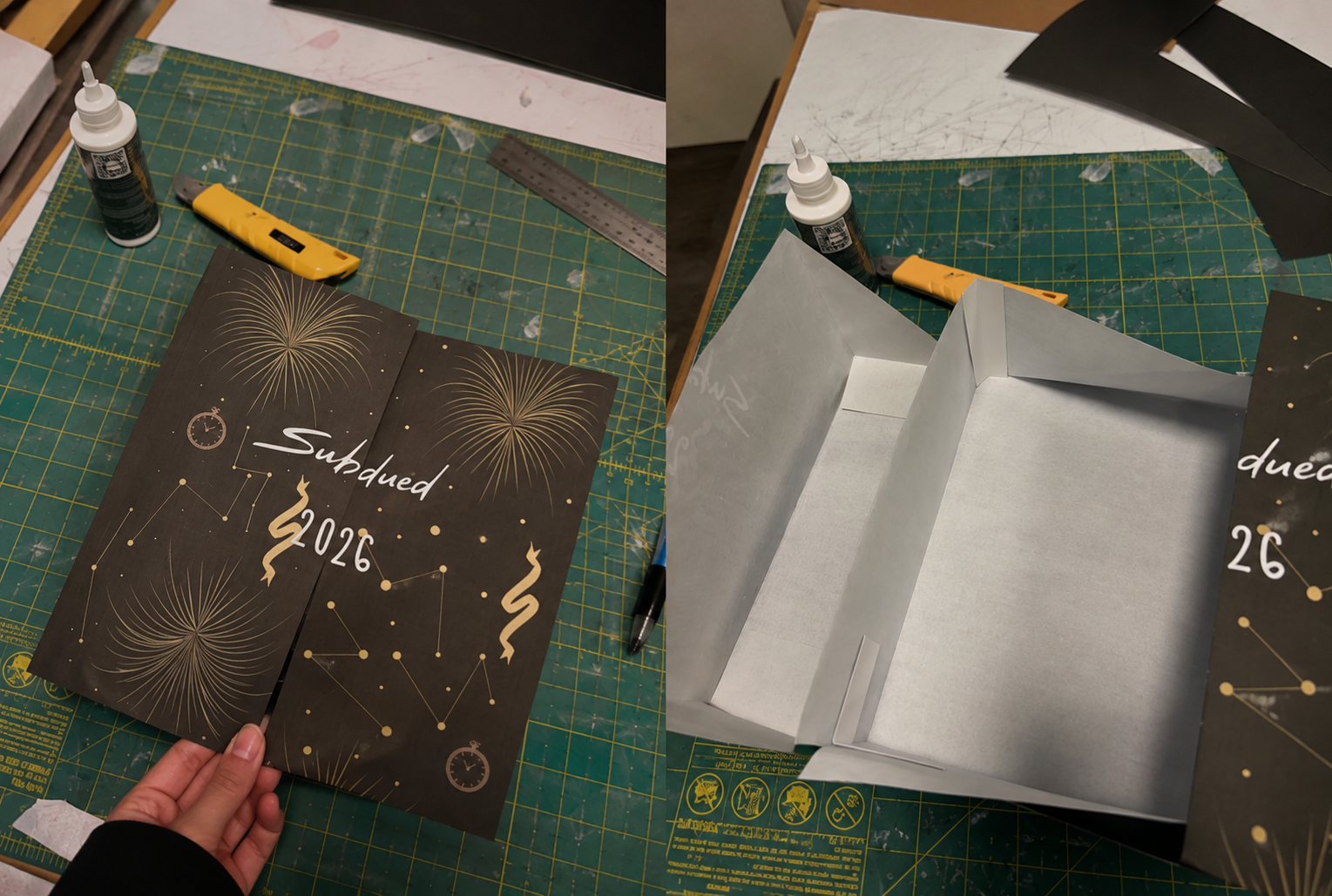 Subdued New Year's packaging on the cutting mat