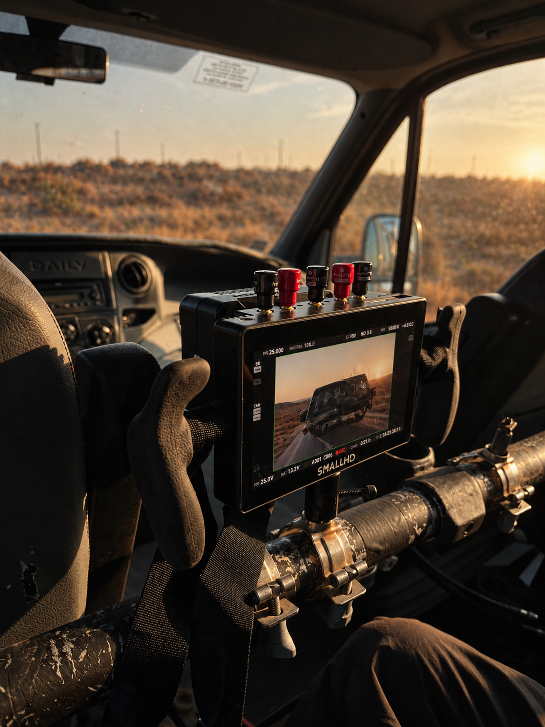 Behind the scenes — monitor rigged inside a vehicle at sunset