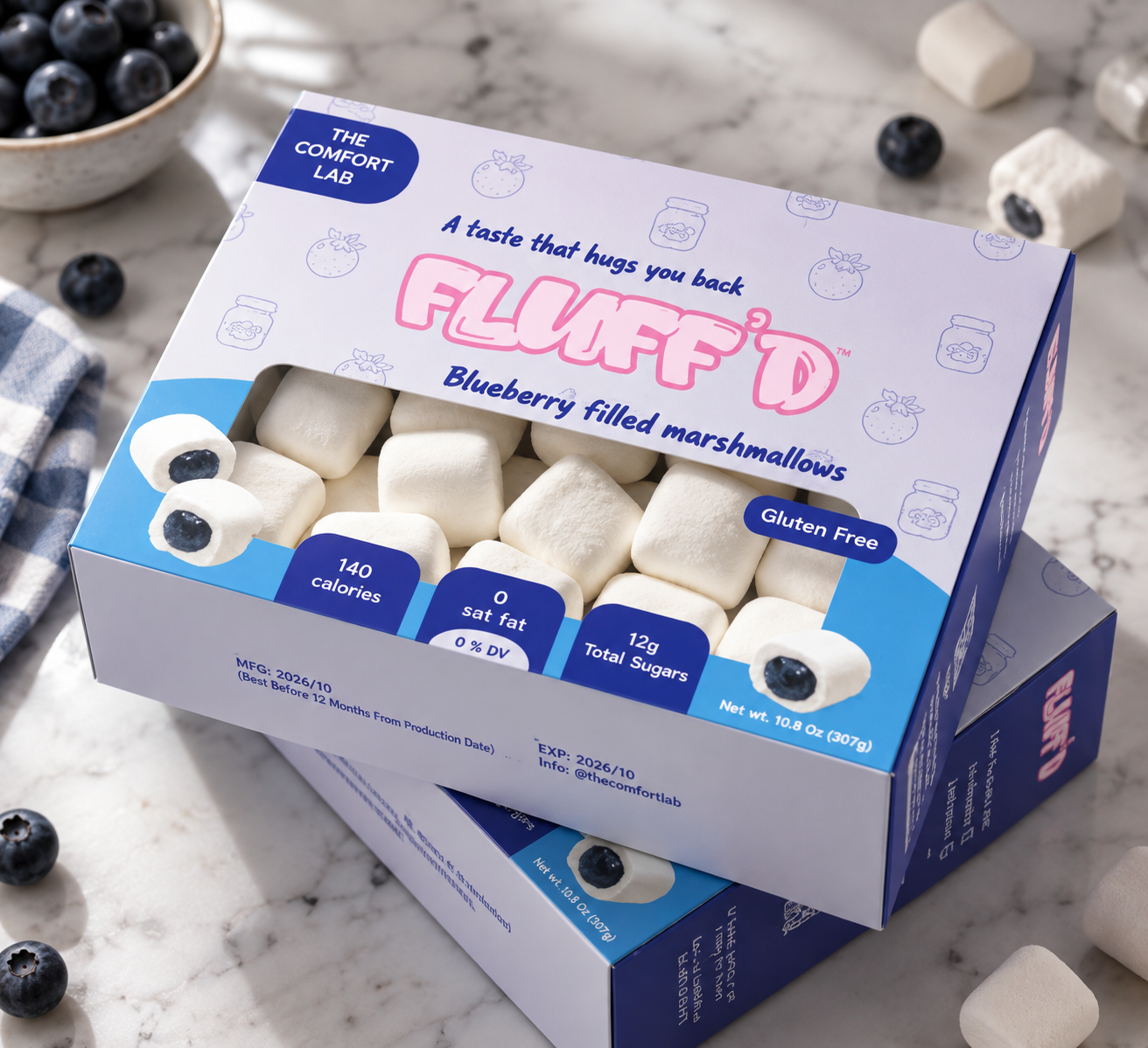 FLUFF'D final mockup — blueberry filled marshmallow box