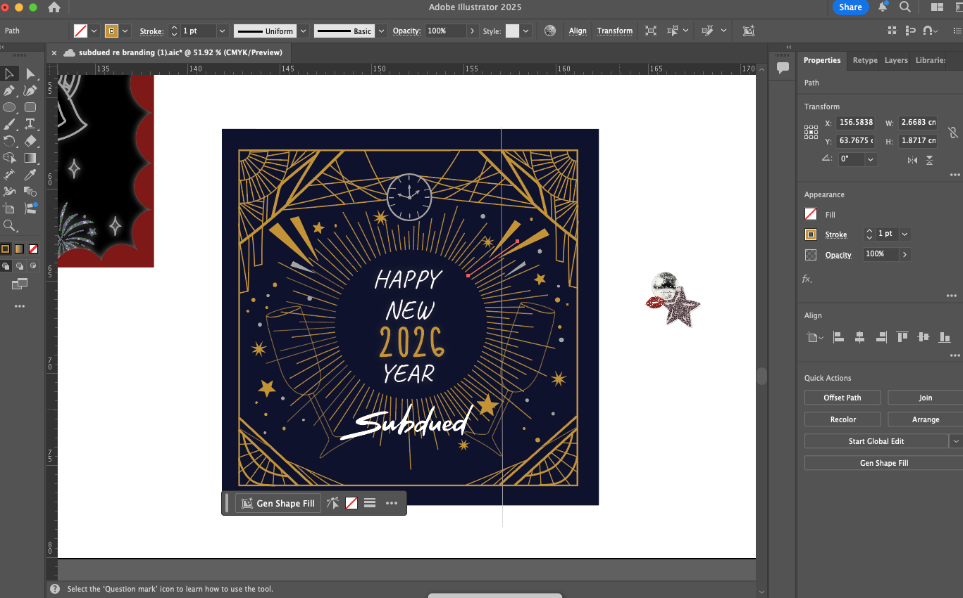 Subdued process — full New Year's panel laid out on the artboard