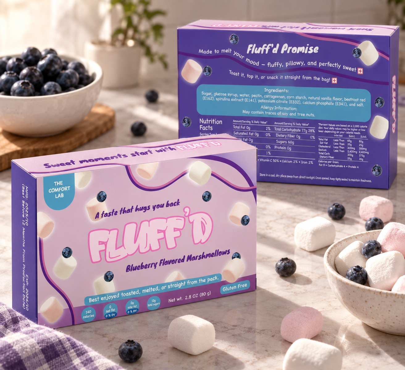 FLUFF'D final mockup — blueberry flavored marshmallow box