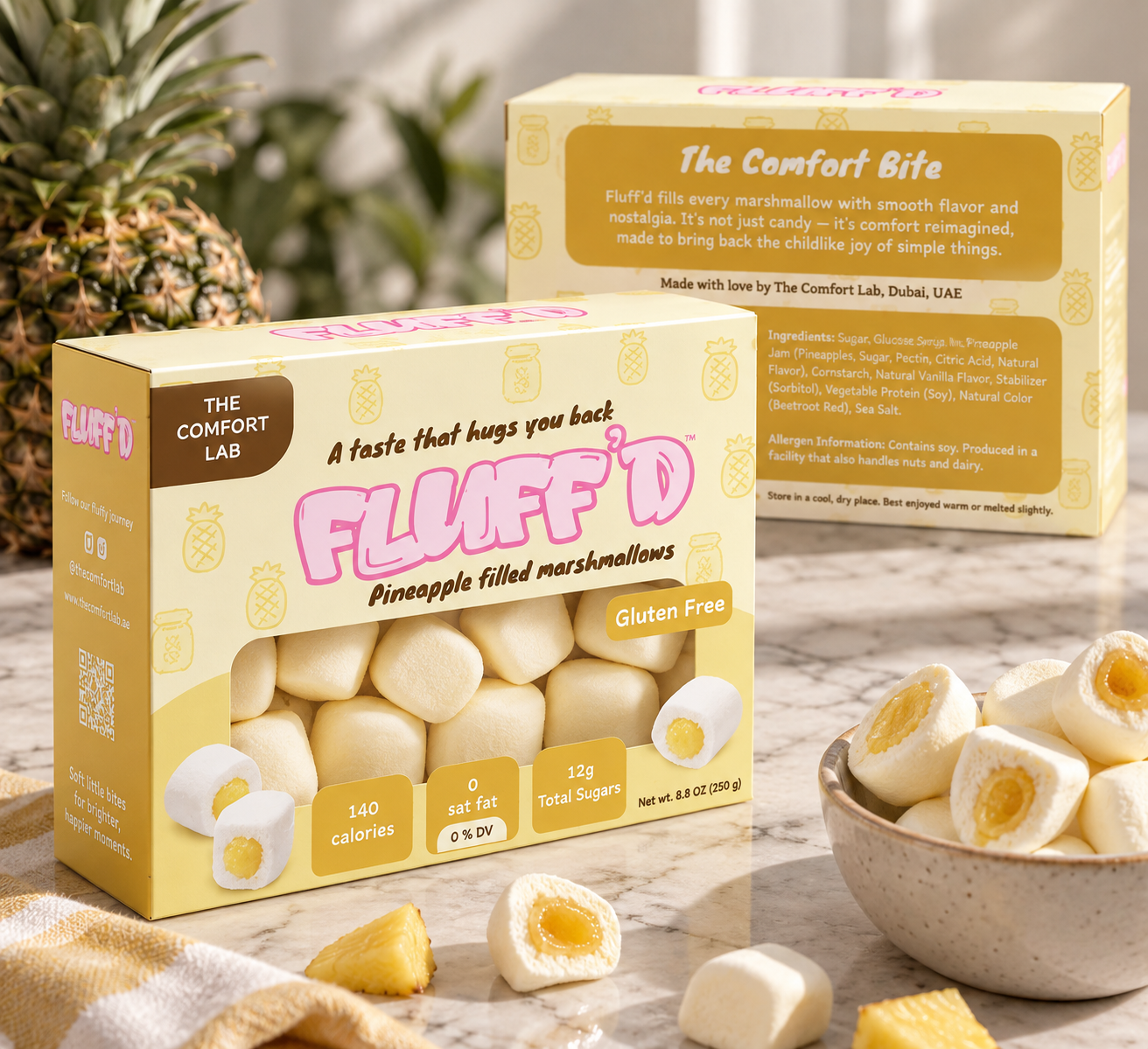 FLUFF'D final mockup — pineapple filled marshmallow box