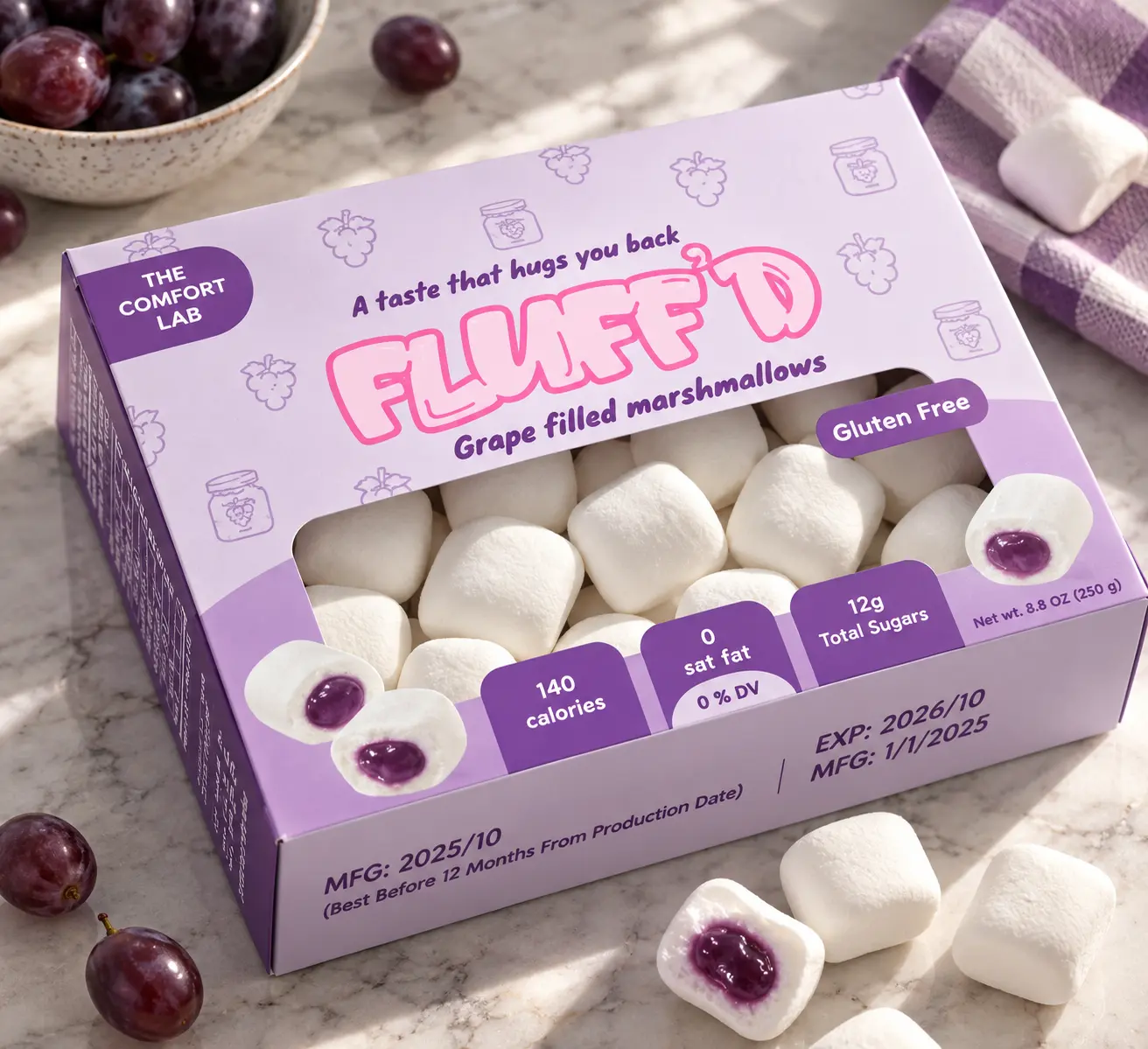 FLUFF'D final mockup — grape filled marshmallow box