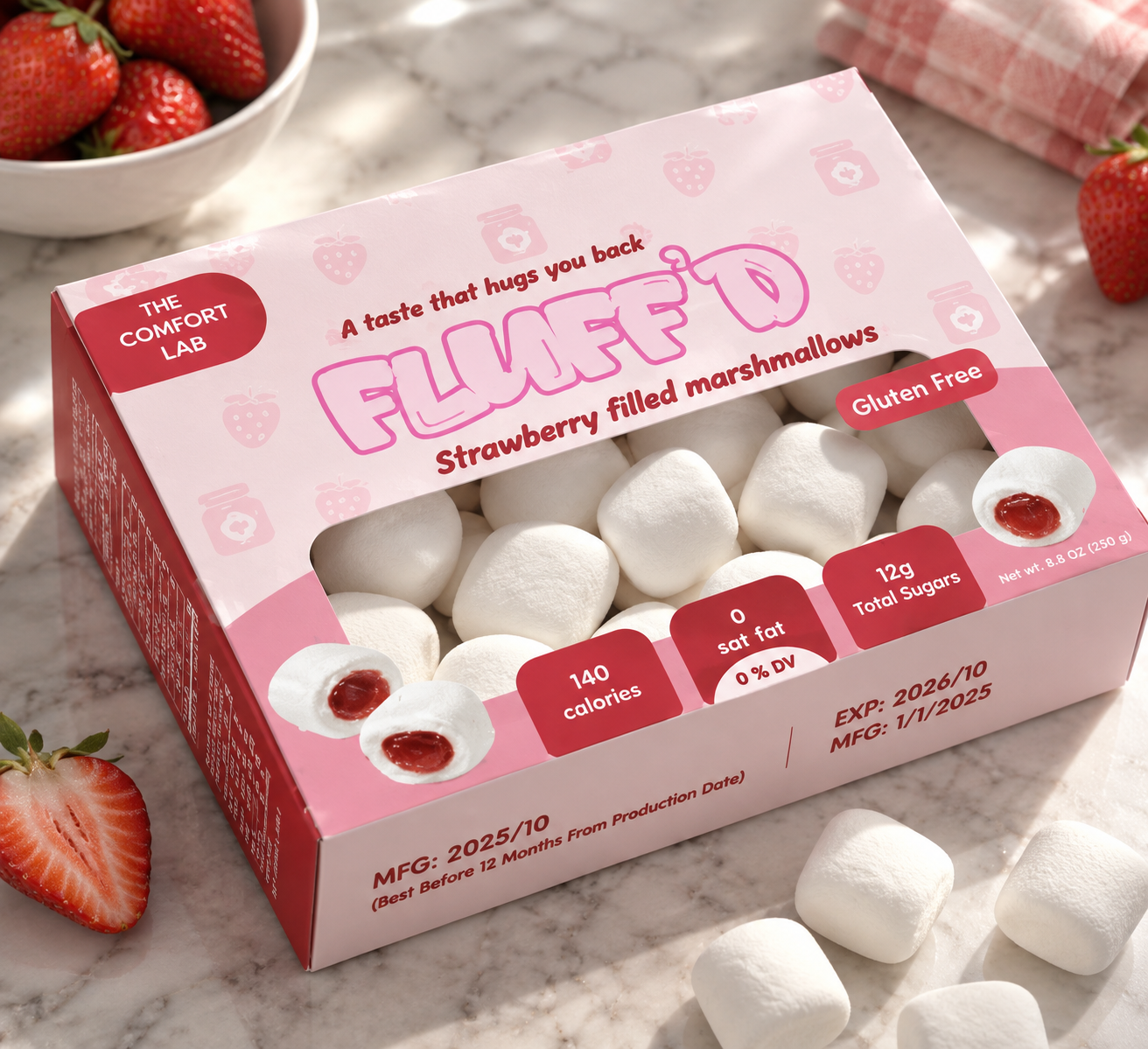 FLUFF'D final mockup — strawberry filled marshmallow box
