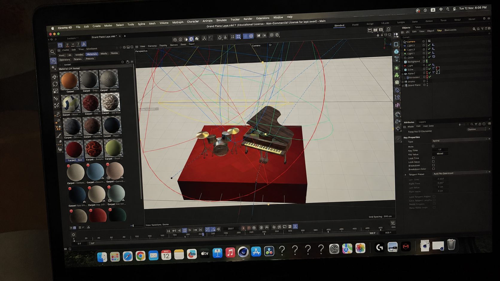 Cinema 4D scene — grand piano and drum kit