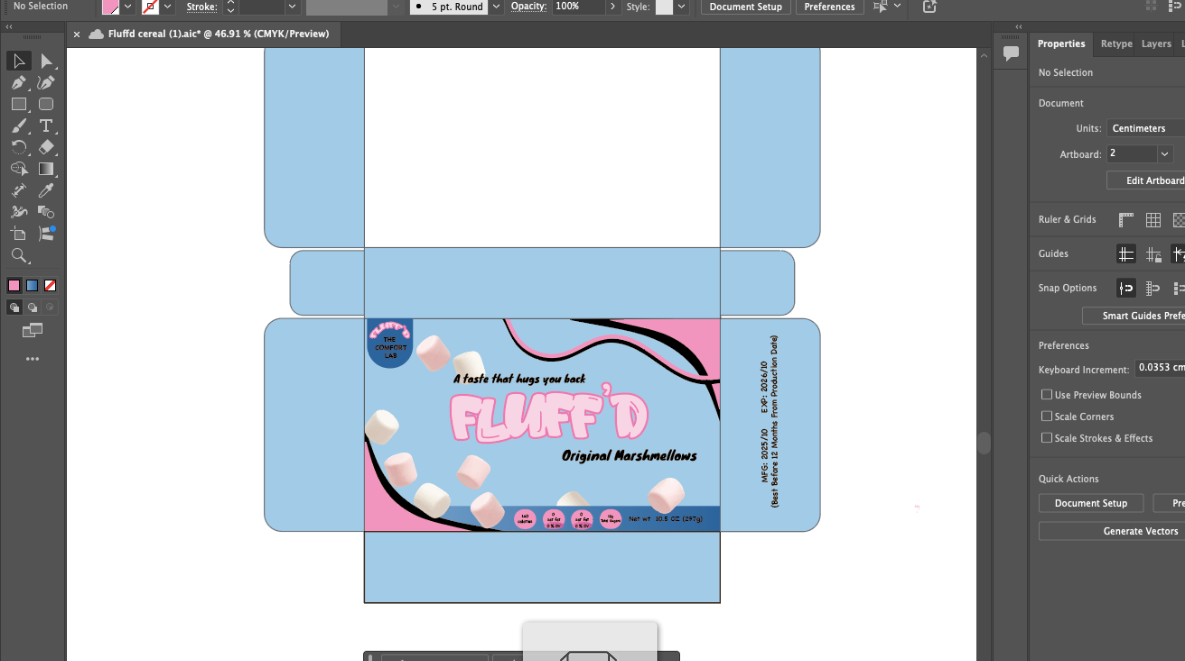 FLUFF'D process — original marshmallow box draft