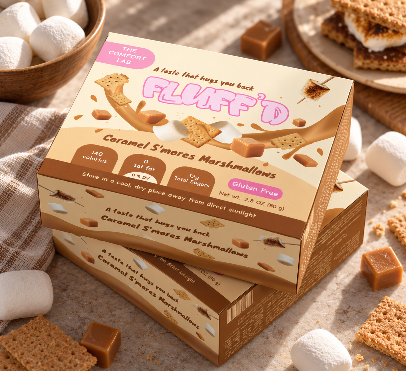 FLUFF'D final mockup — caramel s'mores box stack