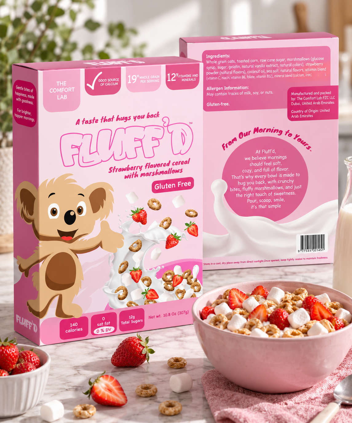 FLUFF'D final mockup — strawberry cereal packaging