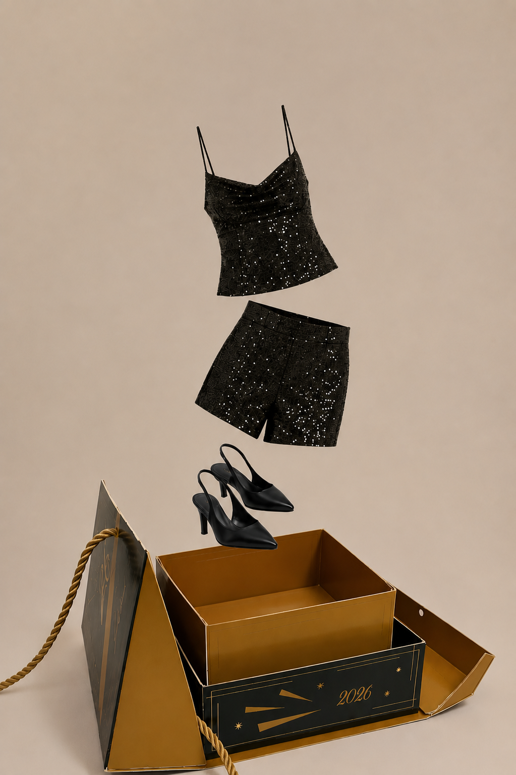 Subdued final mockup — open box with floating outfit pieces