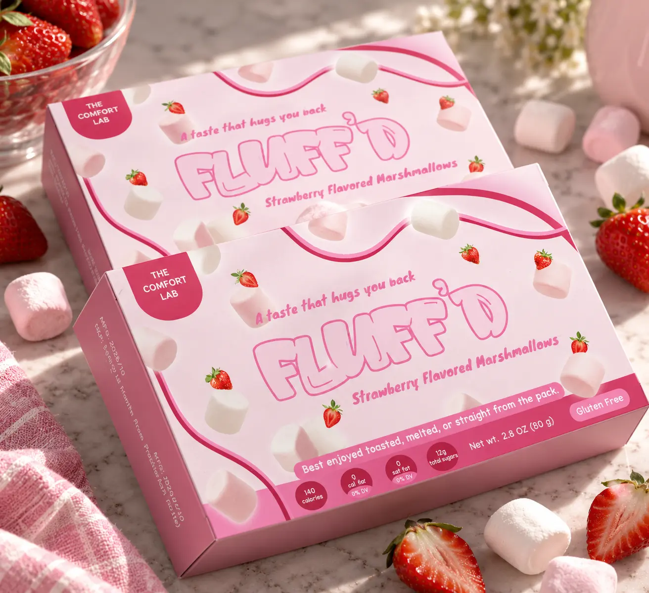 FLUFF'D final mockup — strawberry marshmallow boxes