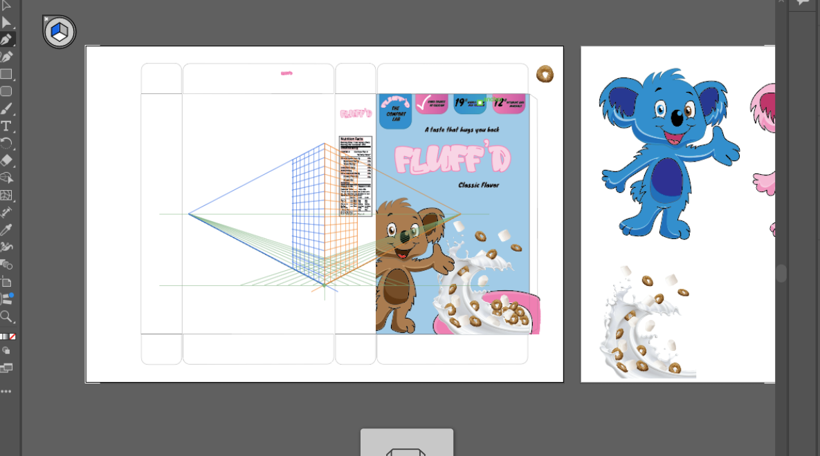 FLUFF'D process — first packaging draft with mascot
