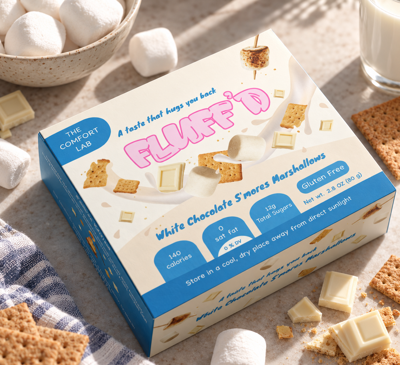 FLUFF'D final mockup — white chocolate s'mores box
