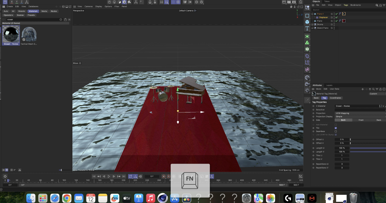 Musical Instrument process — ocean material test on the floor plane