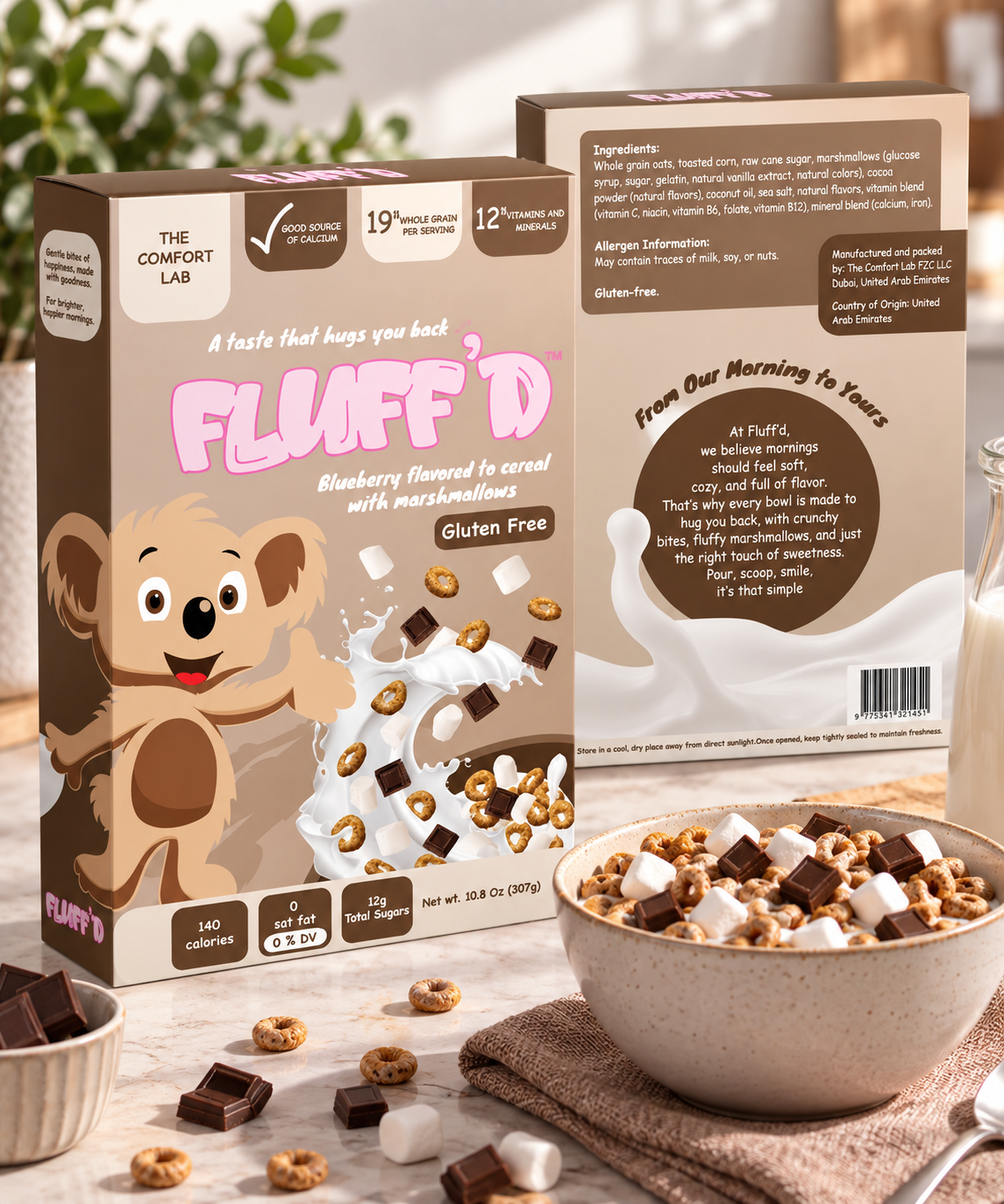 FLUFF'D final mockup — chocolate cereal packaging