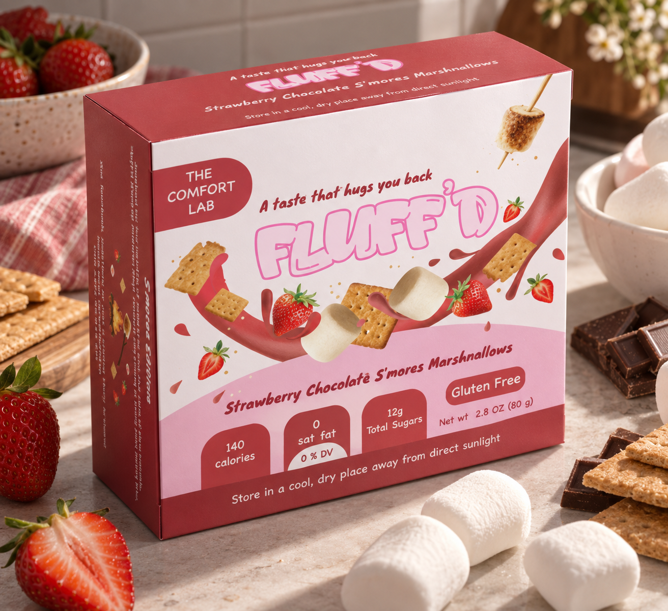 FLUFF'D final mockup — strawberry chocolate s'mores box