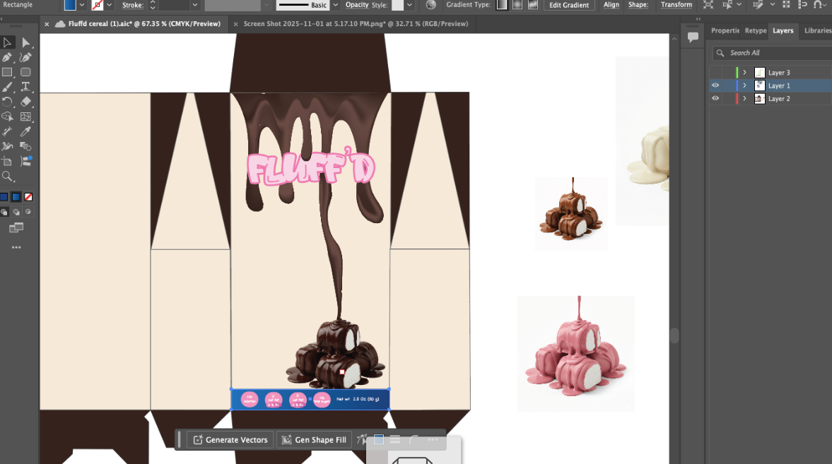 FLUFF'D process — chocolate covered marshmallow box draft