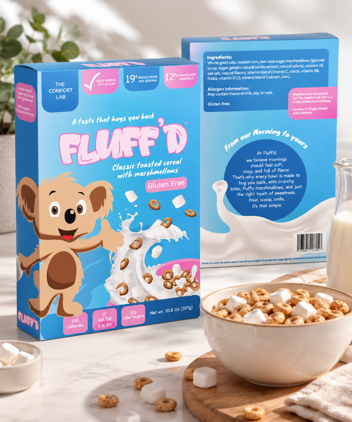 FLUFF'D final mockup — classic toasted cereal packaging