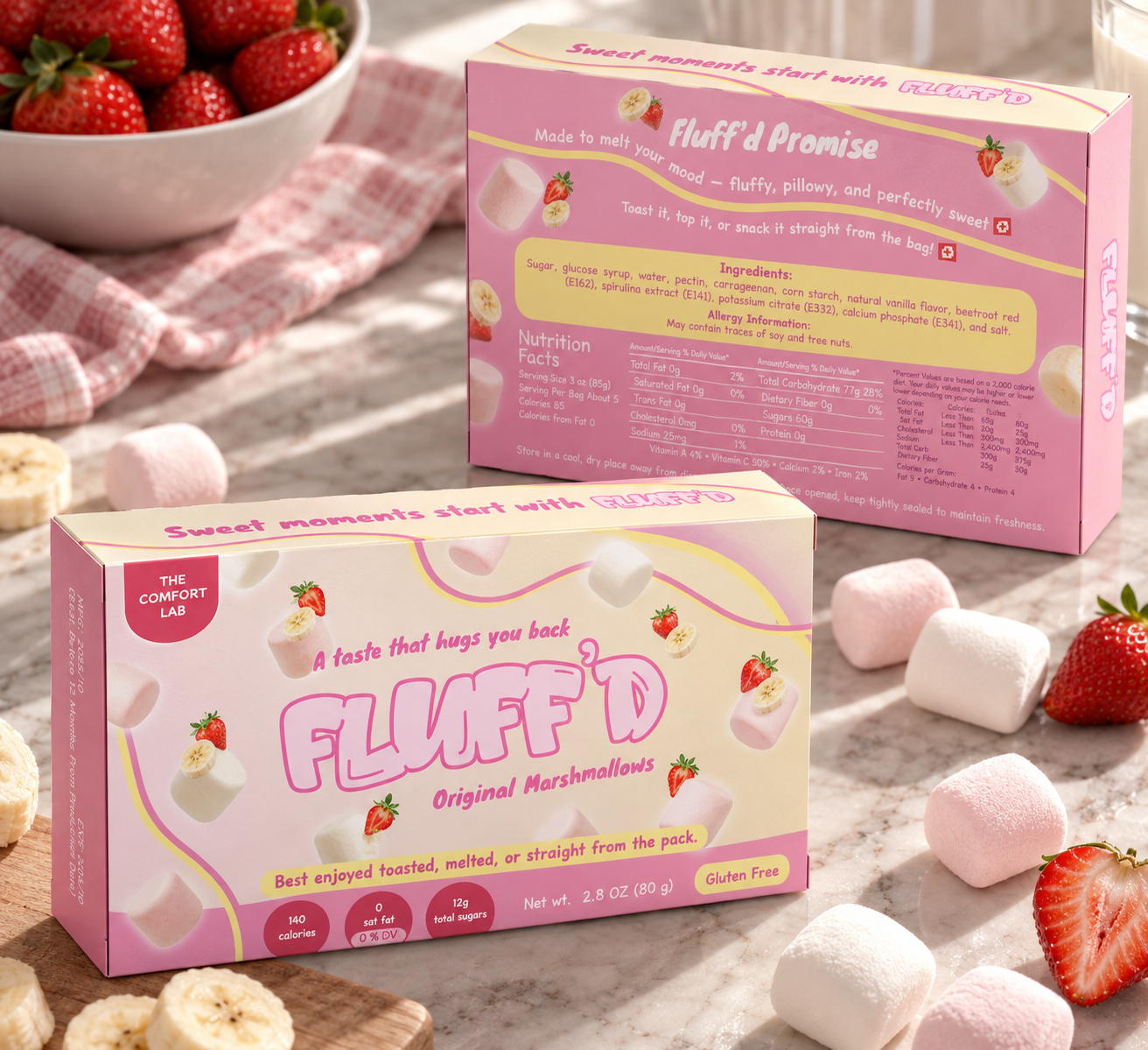 FLUFF'D final mockup — original marshmallow box with strawberries and bananas